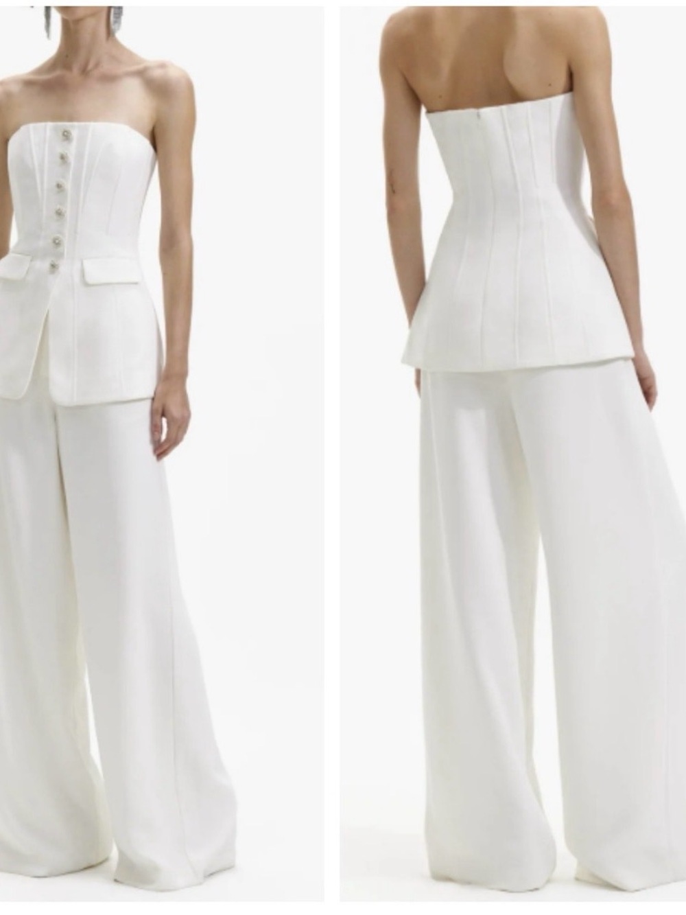 Self-Portrait White Strapless Corset Top with Wide-Leg Pants - Picture 3 of 10